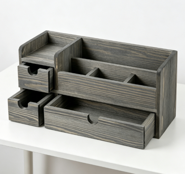Distressed Grey Wood 3-Tier Drawers — Letter & Stationery Rack
