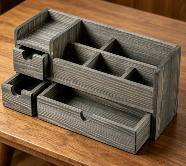Distressed Grey Wood 3-Tier Drawers — Letter & Stationery Rack