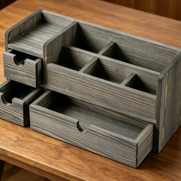 Distressed Grey Wood 3-Tier Drawers — Letter & Stationery Rack