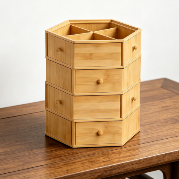 Rotating Bamboo 12-Compartment Drawers — Cosmetics & Jewelry Organizer