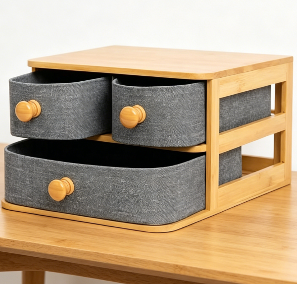 Bamboo, Wood & Fabric 3-Drawer Chest — Dual-Use: Cosmetics & Office