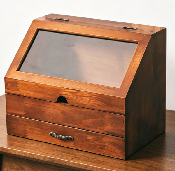 Glass-Top 2-Drawer Cabinet — Mahogany Display & Storage