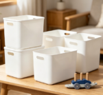 4-Piece Lidded Plastic Basket Set — For Shelving & Game Rooms