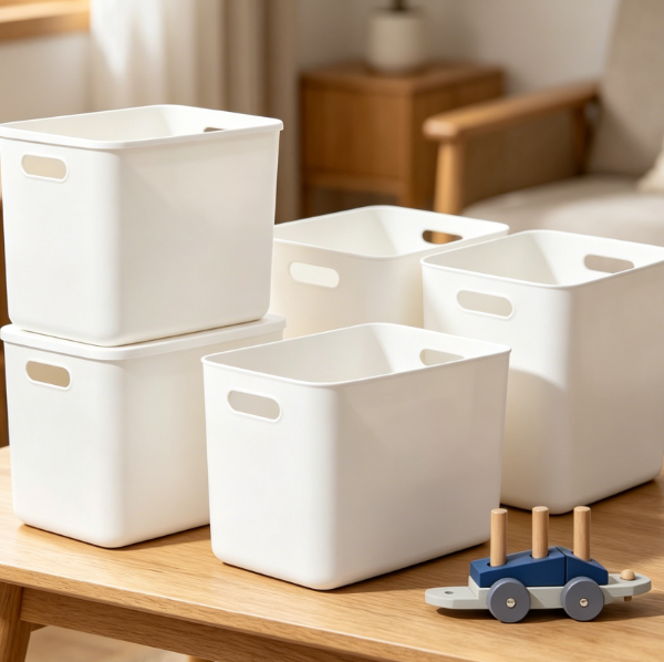 4-Piece Lidded Plastic Basket Set — For Shelving & Game Rooms