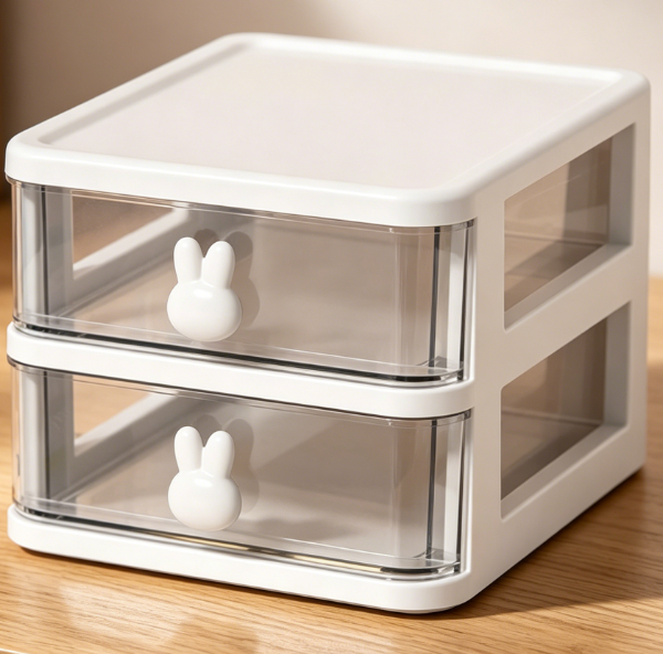 Double-Tier Transparent Box with Rabbit Handles — High Capacity Office Storage