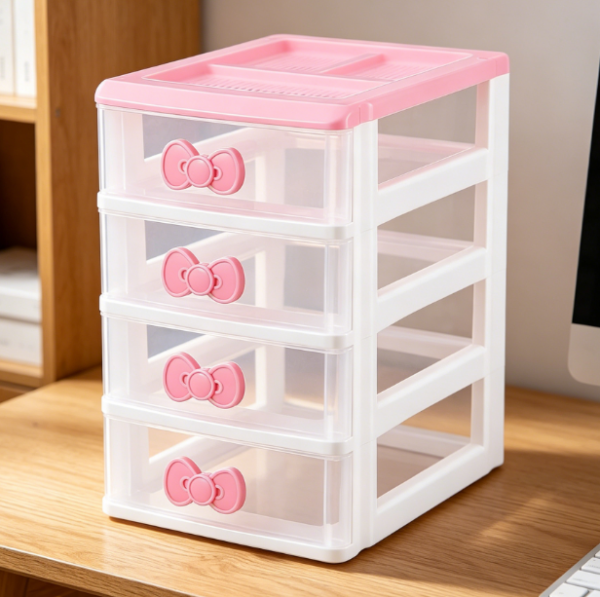 Girly-Style 4-Tier Bow-Accent Drawers — Cute Pink Design