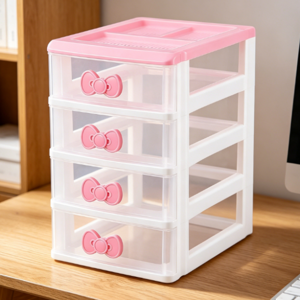 Girly-Style 4-Tier Bow-Accent Drawers — Cute Pink Design