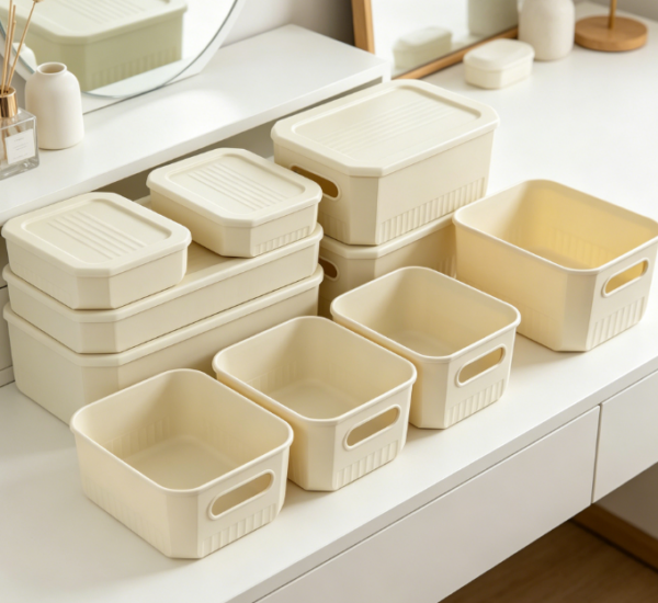 8-Piece Lidded Plastic Basket Set — Wardrobe & Desktop Combo