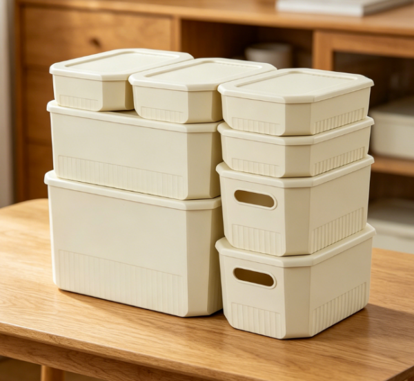 8-Piece Lidded Plastic Basket Set — Wardrobe & Desktop Combo