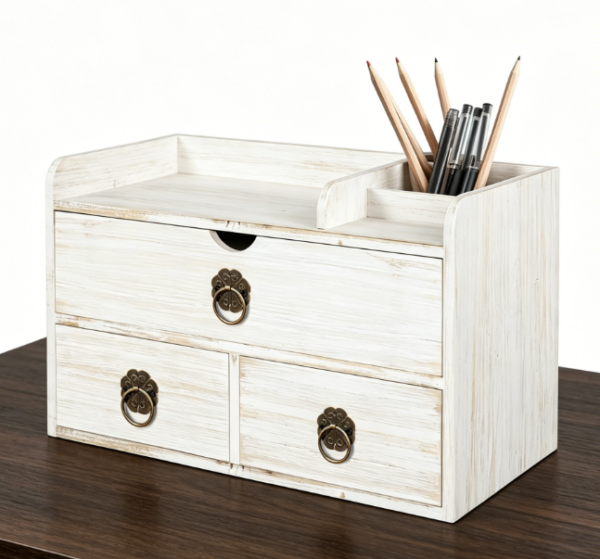 White Wooden 3-Tier Drawer Rack — Countertop Organizer