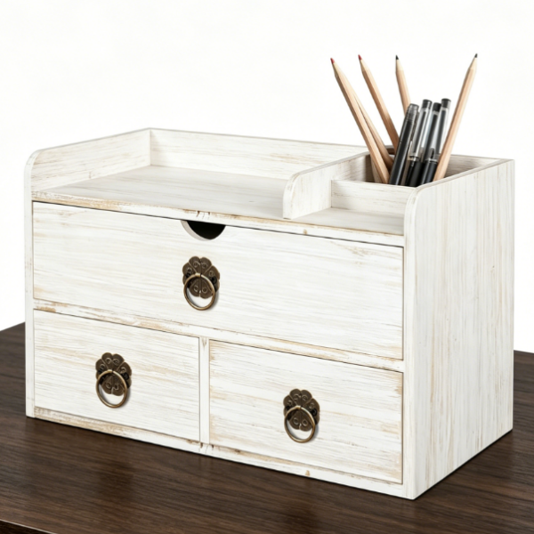 White Wooden 3-Tier Drawer Rack — Countertop Organizer